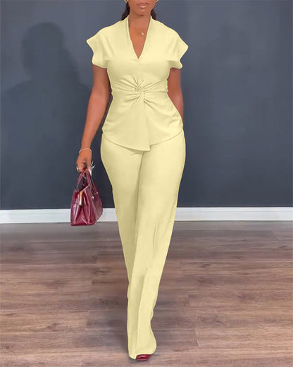 Women's 2 Piece Outfits V Neck Twist Front Slit Top and High Waisted Straight Leg Pants Set Commute Business Casual Suit