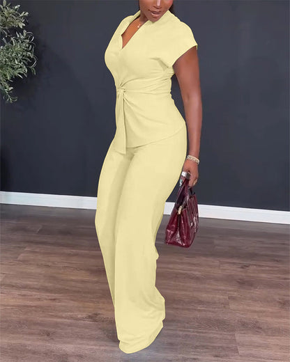 Women's 2 Piece Outfits V Neck Twist Front Slit Top and High Waisted Straight Leg Pants Set Commute Business Casual Suit