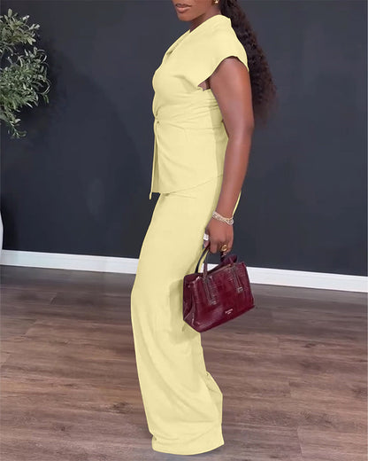 Women's 2 Piece Outfits V Neck Twist Front Slit Top and High Waisted Straight Leg Pants Set Commute Business Casual Suit