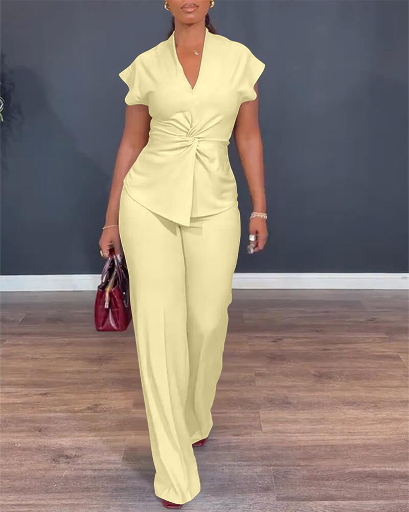 Women's 2 Piece Outfits V Neck Twist Front Slit Top and High Waisted Straight Leg Pants Set Commute Business Casual Suit