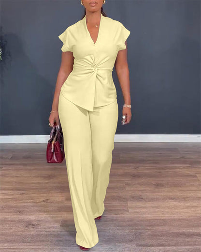 Women's 2 Piece Outfits V Neck Twist Front Slit Top and High Waisted Straight Leg Pants Set Commute Business Casual Suit