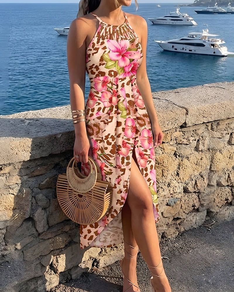 Women's Floral Leopard Print Slit Midi Dress Sexy Criss Cross Halter Tie Hollow-Out Vacation Dress