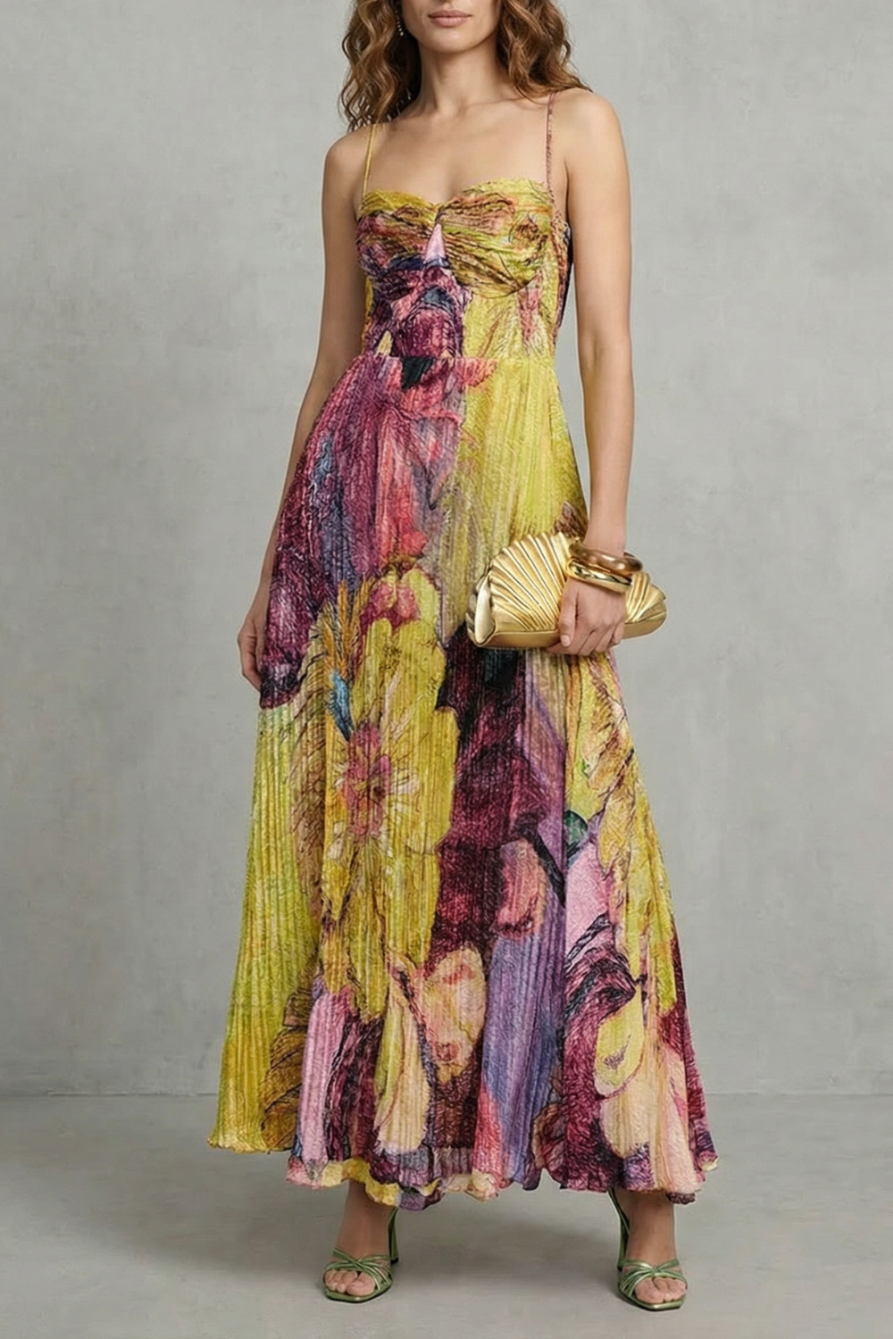 Lunézia – Watercolor floral pleats – Flowing maxi dress