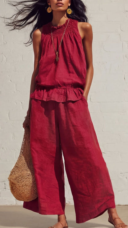 Women's Vintage Bohemian Ruffled Cotton-Linen Two-Piece Set