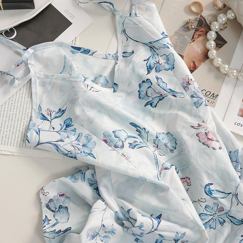long-sleeved chiffon floral print maxi dress - pale blue