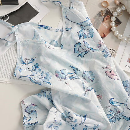 long-sleeved chiffon floral print maxi dress - pale blue