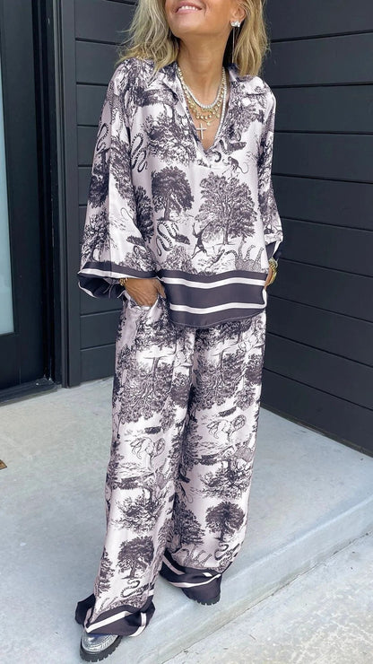 Casual V-Neck Printed Long-Sleeve Two-Piece Set with Pockets