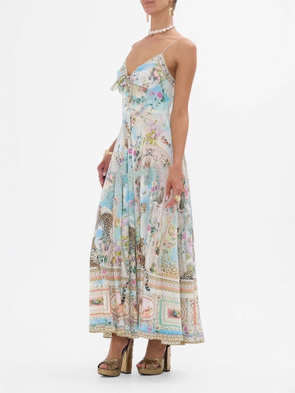 Retro oil painting print halter maxi dress