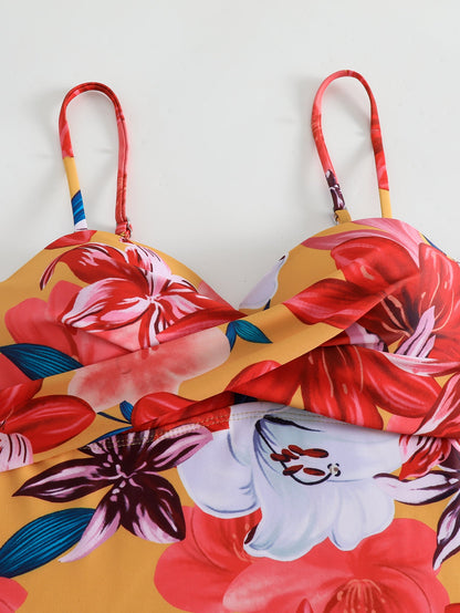 floral pleated strap bikini