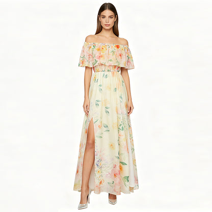 Off-shoulder print slit chiffon maxi dress - pale yellow