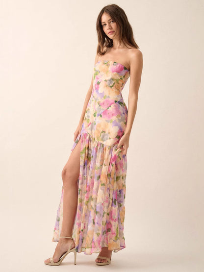 off-shoulder floral print high slit pleated mesh maxi dress