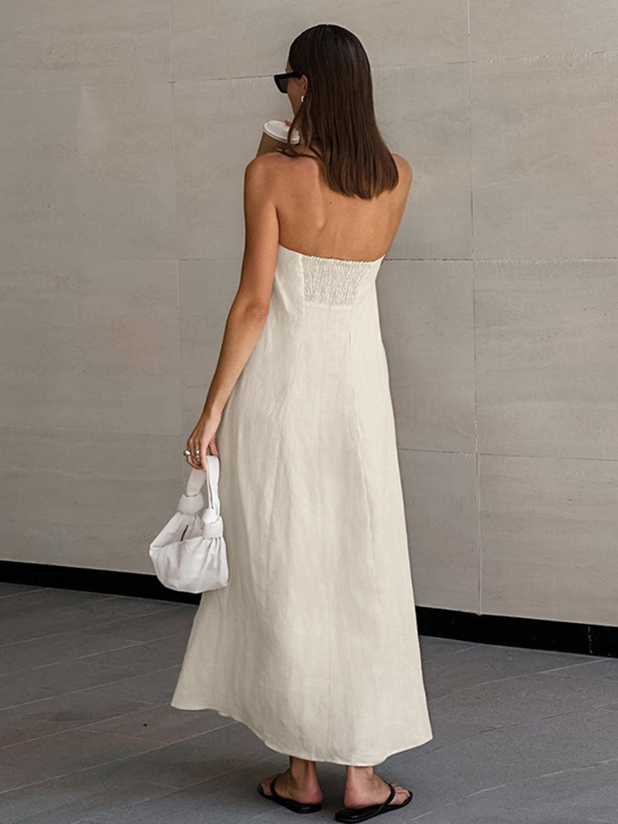 cotton linen strapless A-line midi dress