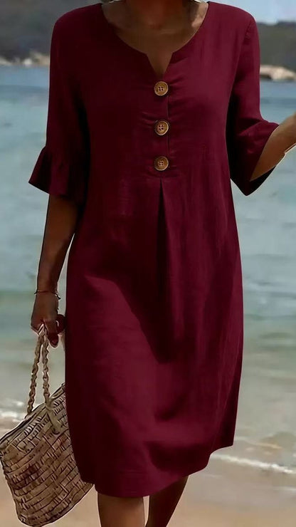 Cotton-Linen Dress with V-Neck, Large Buttons, and Ruffled Sleeves