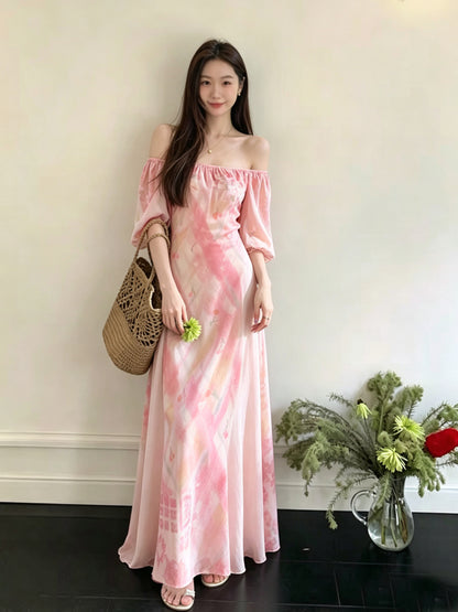 Square Neck Puff Long Sleeve High Waist Eco Recycled Cotton Dress - Pink
