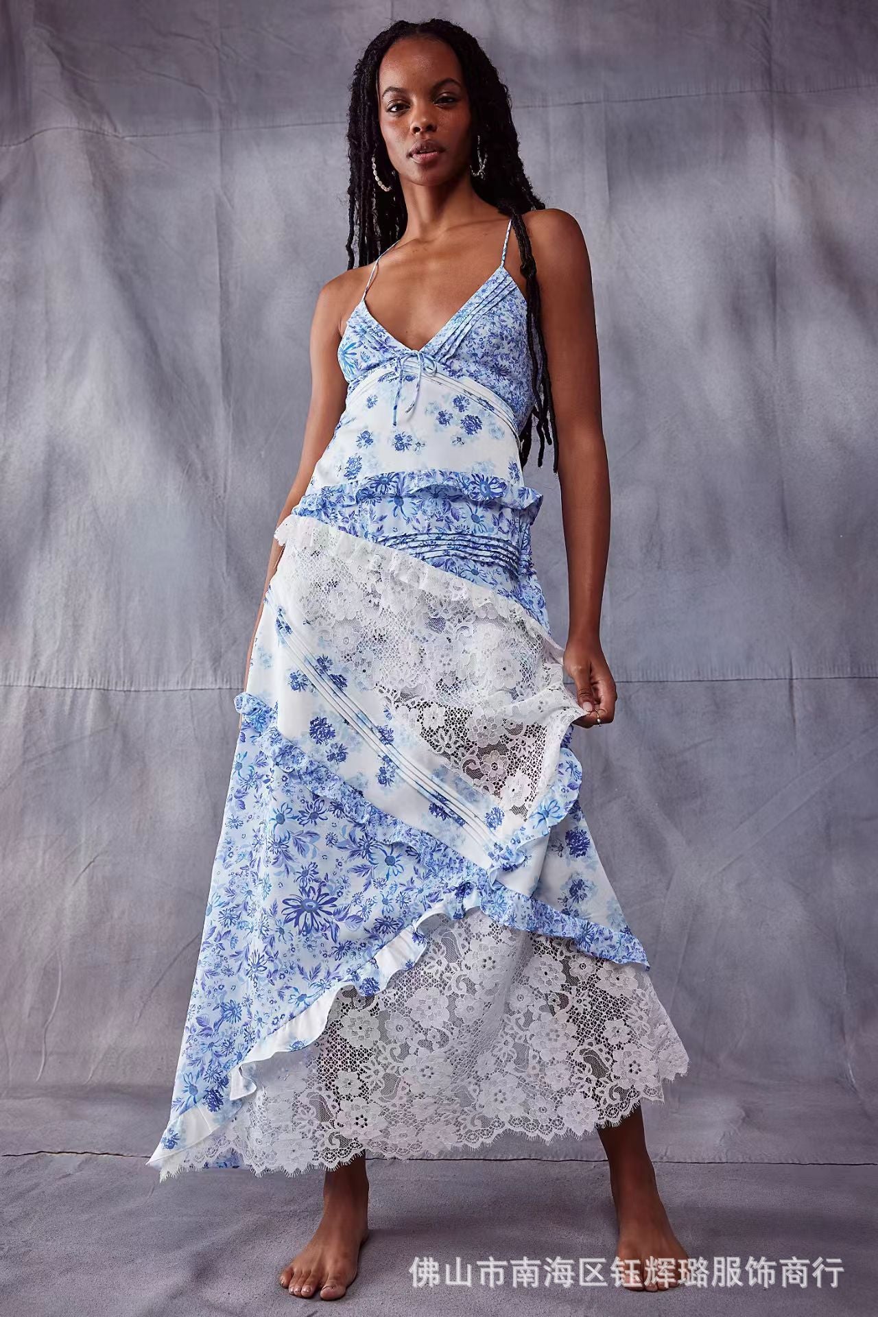 Hollow-out deep V-neck ruffled floral backless maxi dress