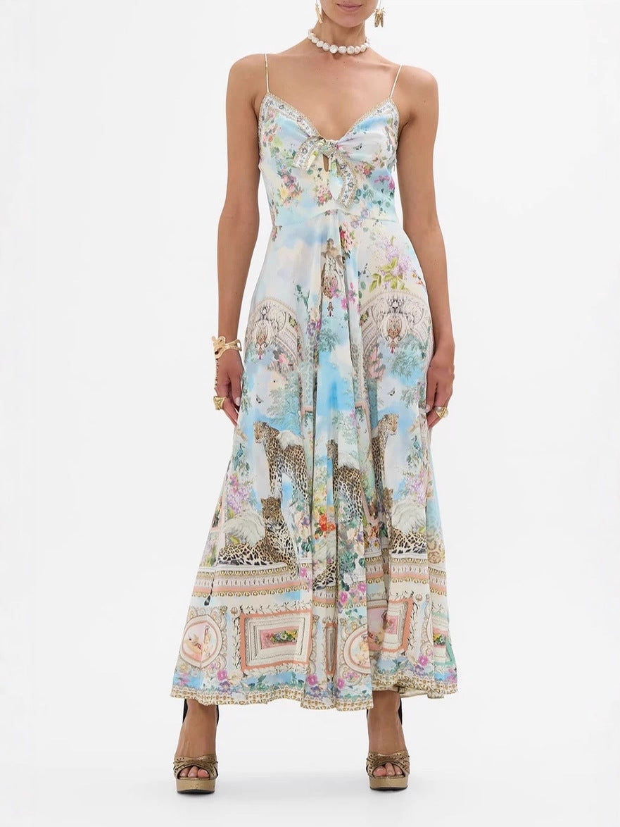 Retro oil painting print halter maxi dress