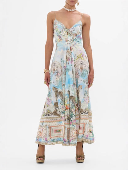 Retro oil painting print halter maxi dress