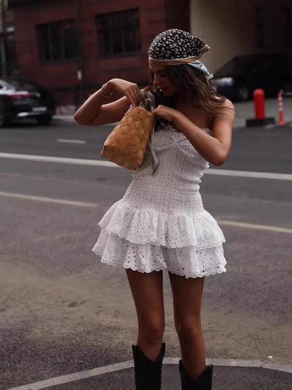 kristin Layered hollow tulle mini dress - white