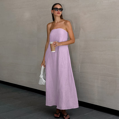 cotton linen strapless A-line midi dress
