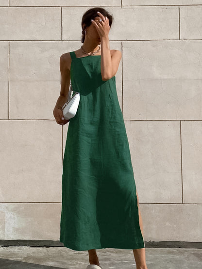 cotton linen side slit strap midi dress