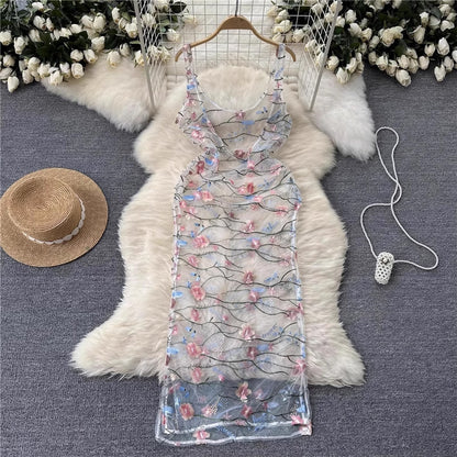 sleeveless embroidery lace mesh midi dress