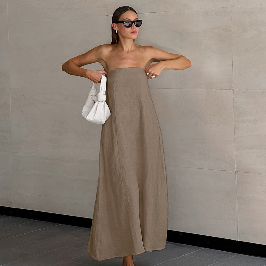 cotton linen strapless A-line midi dress