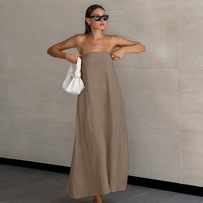 cotton linen strapless A-line midi dress