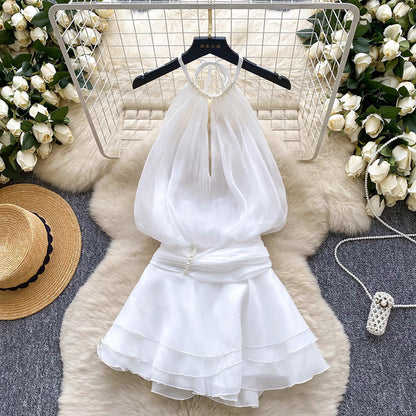 Halter neck beaded mini dress with ruffled chiffon