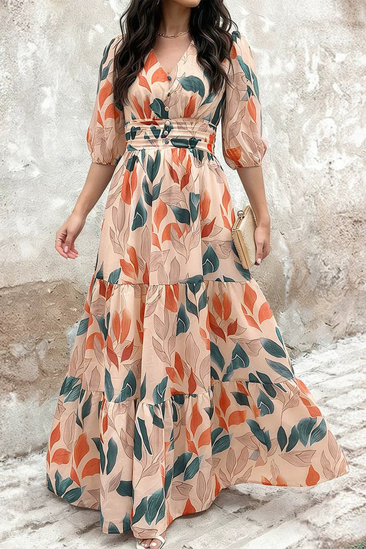 cross-border vintage floral print loose puff sleeve maxi dress
