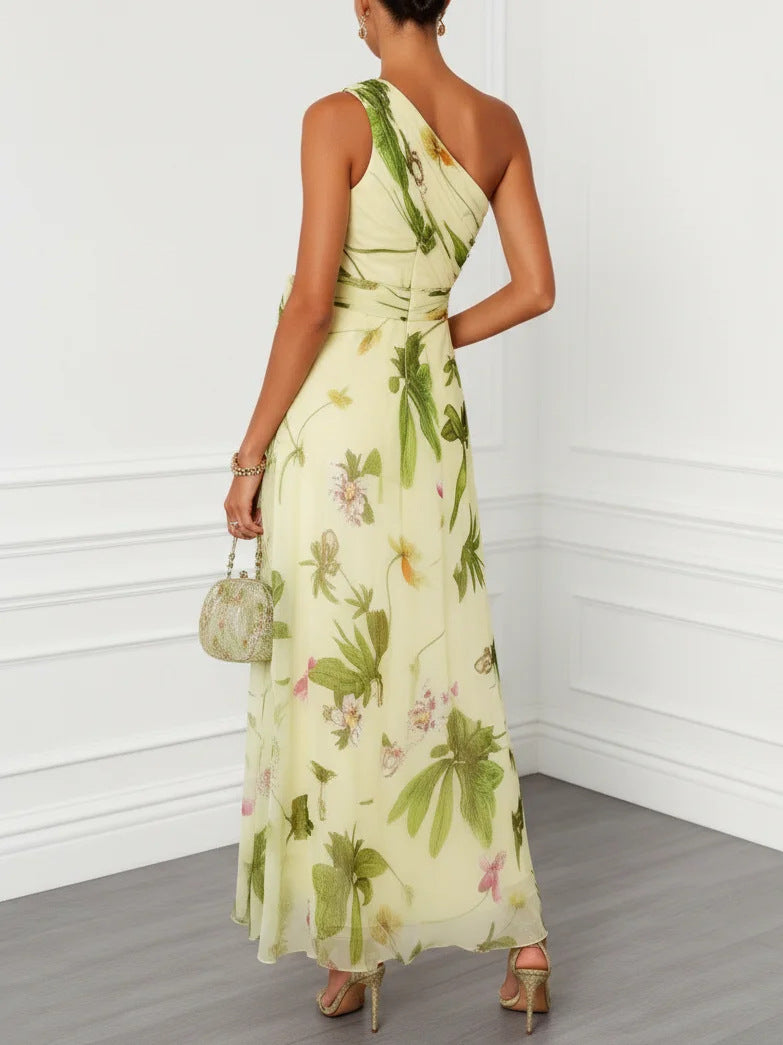 print sleeveless maxi dress with slanted neckline -Champagne-green