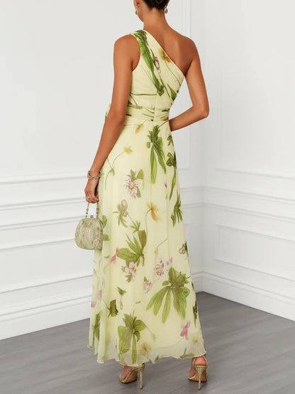 print sleeveless maxi dress with slanted neckline -Champagne-green