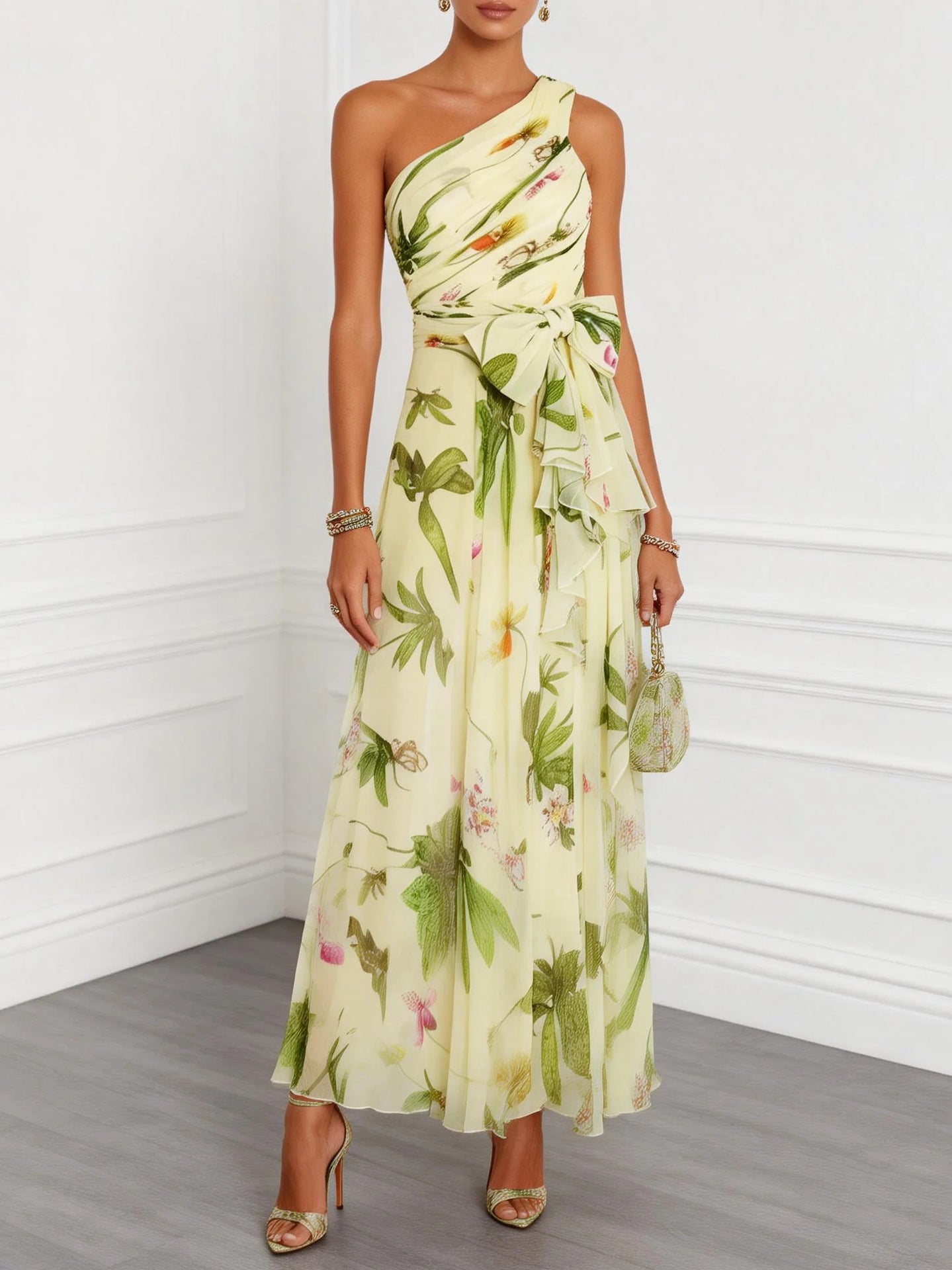 print sleeveless maxi dress with slanted neckline -Champagne-green