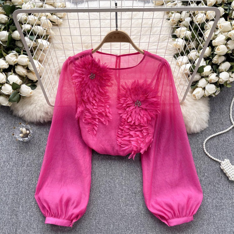 3D floral puff sleeve tulle shirt