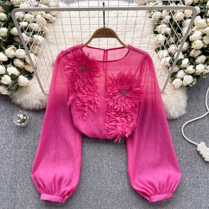 3D floral puff sleeve tulle shirt