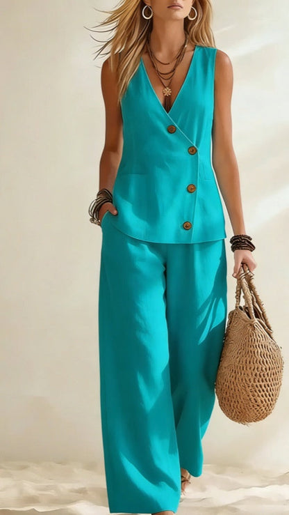 Women's Casual Solid-Color Vacation-Style Two-Piece Set: Button-Front Vest & Trousers