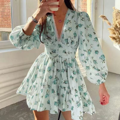 Printed V-neck puff sleeve lace mini dress