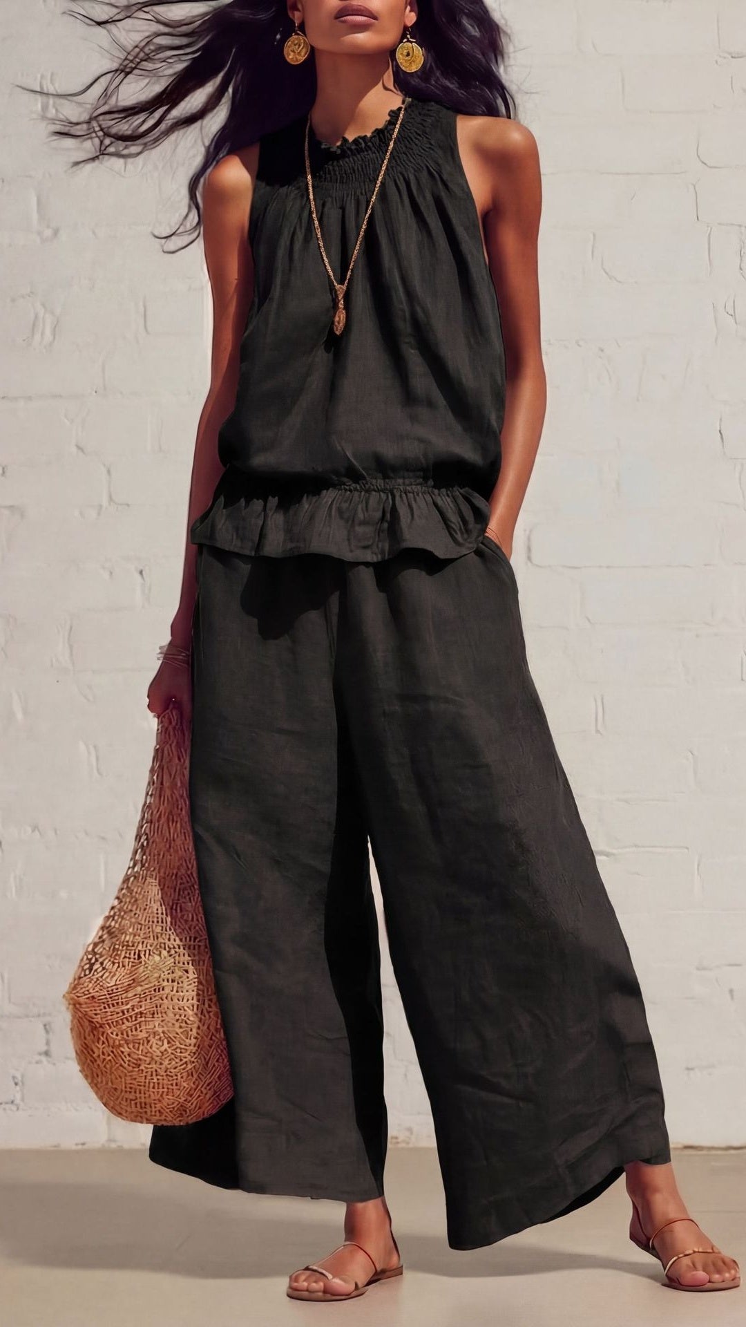 Women's Vintage Bohemian Ruffled Cotton-Linen Two-Piece Set
