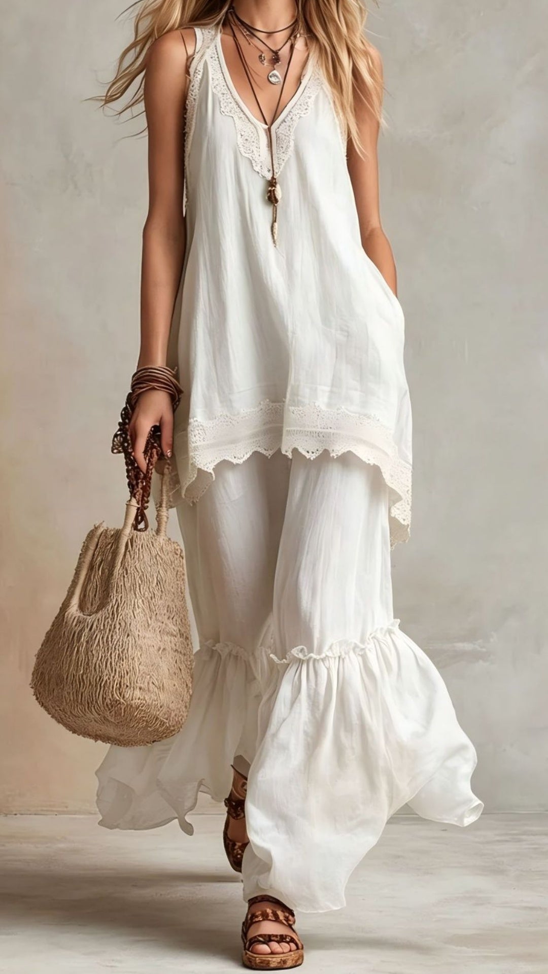 Bohemian-Style Vacation Dress with Lace Straps