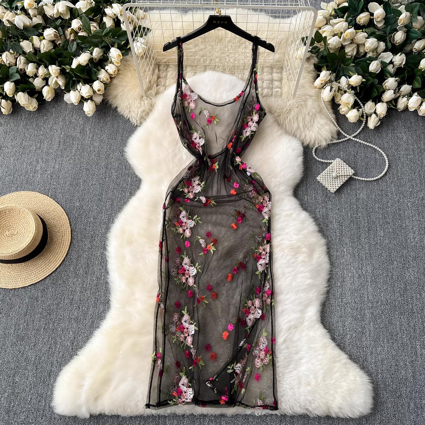 sleeveless embroidery lace mesh midi dress