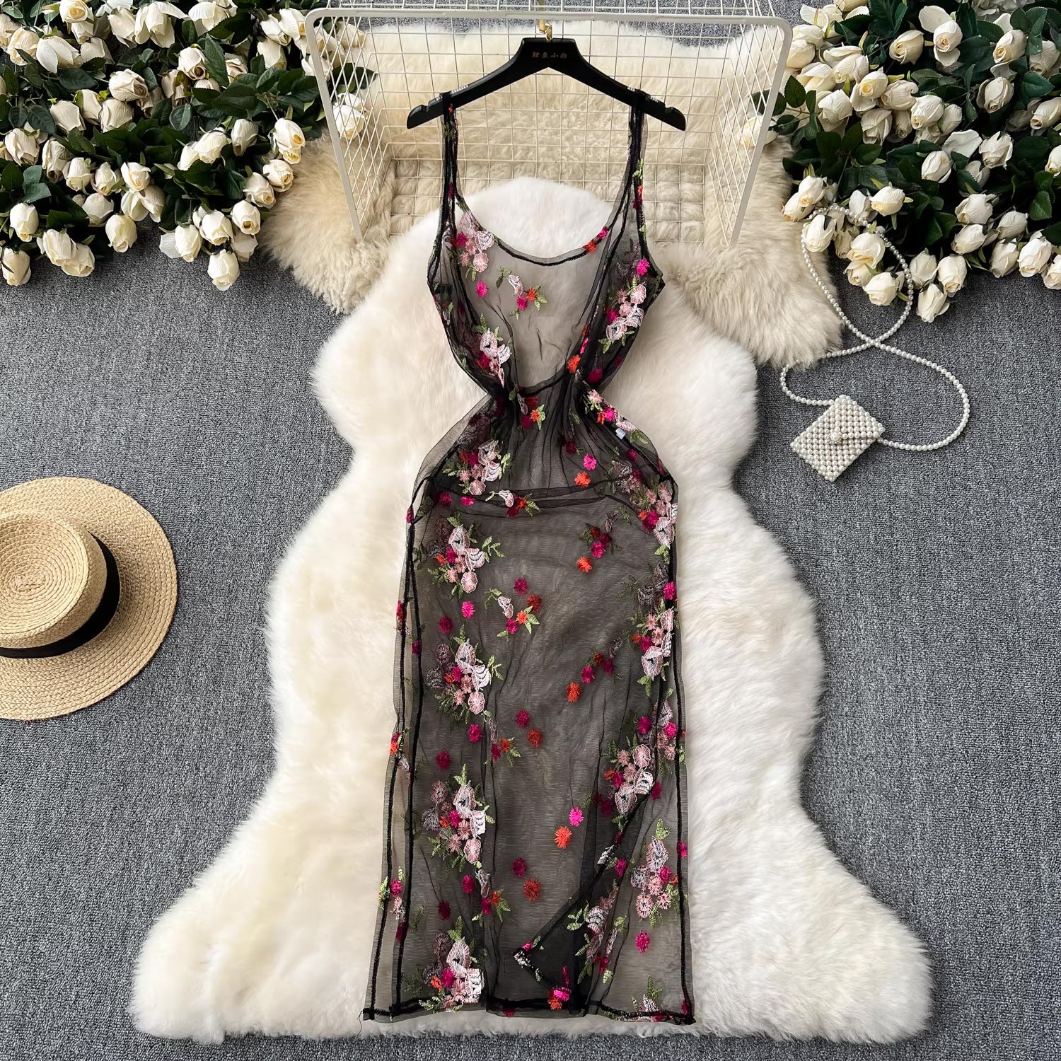 sleeveless embroidery lace mesh midi dress