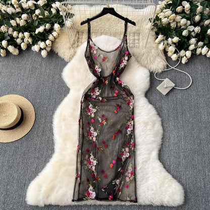 sleeveless embroidery lace mesh midi dress