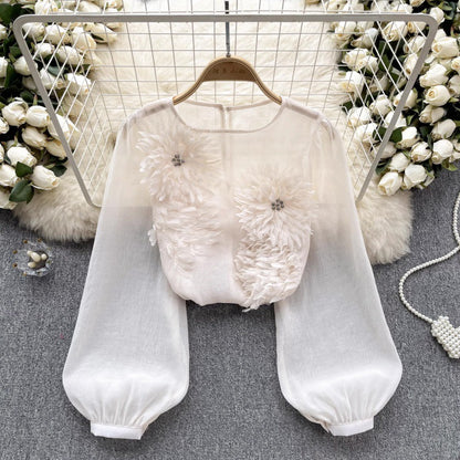 3D floral puff sleeve tulle shirt