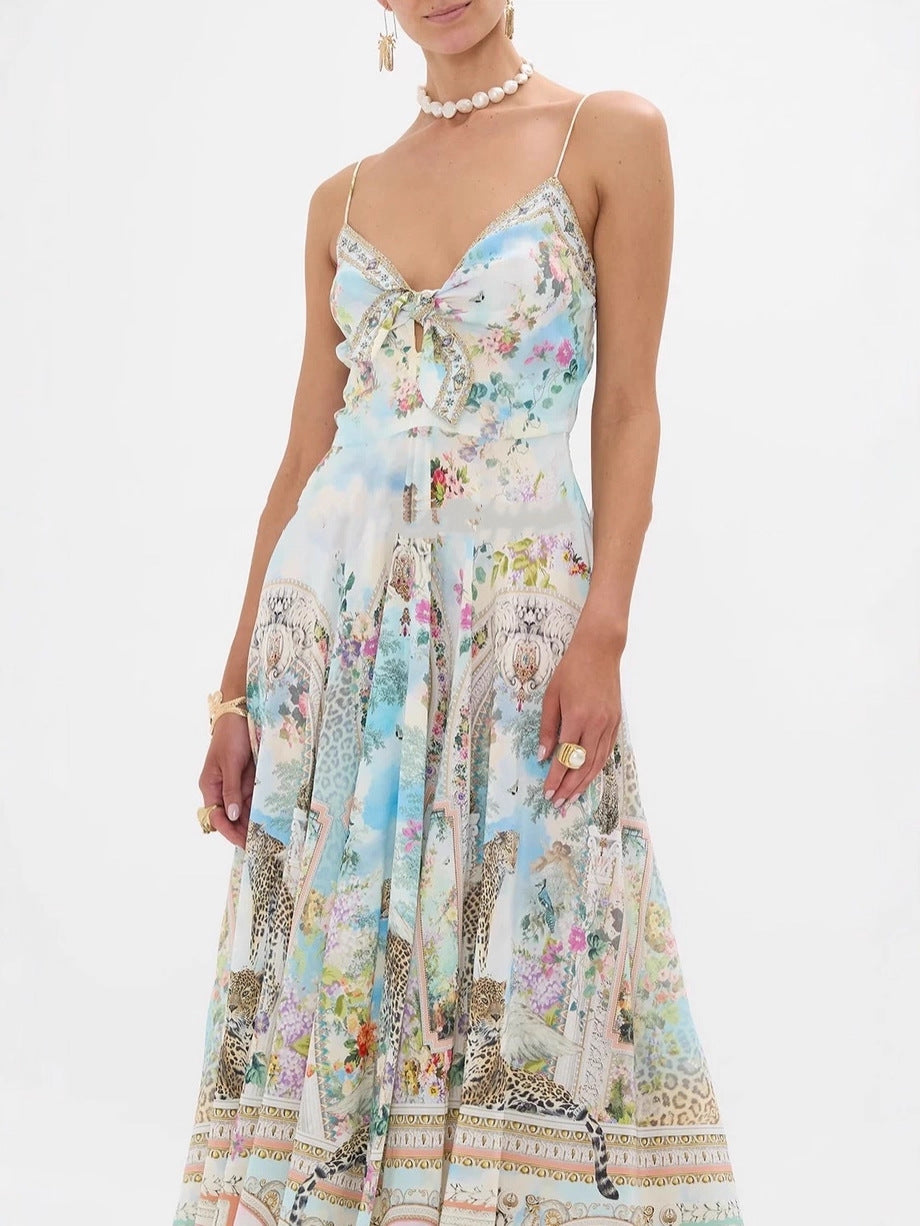 Retro oil painting print halter maxi dress