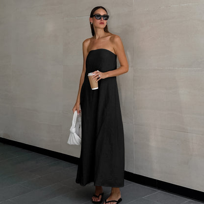 cotton linen strapless A-line midi dress