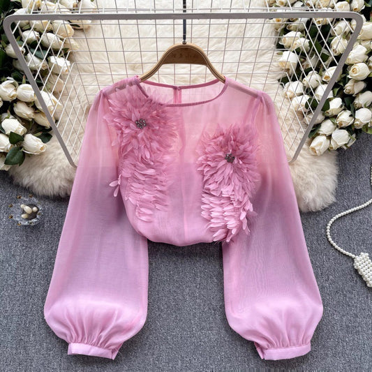 3D floral puff sleeve tulle shirt