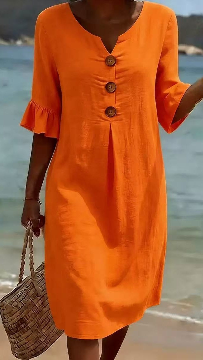 Cotton-Linen Dress with V-Neck, Large Buttons, and Ruffled Sleeves
