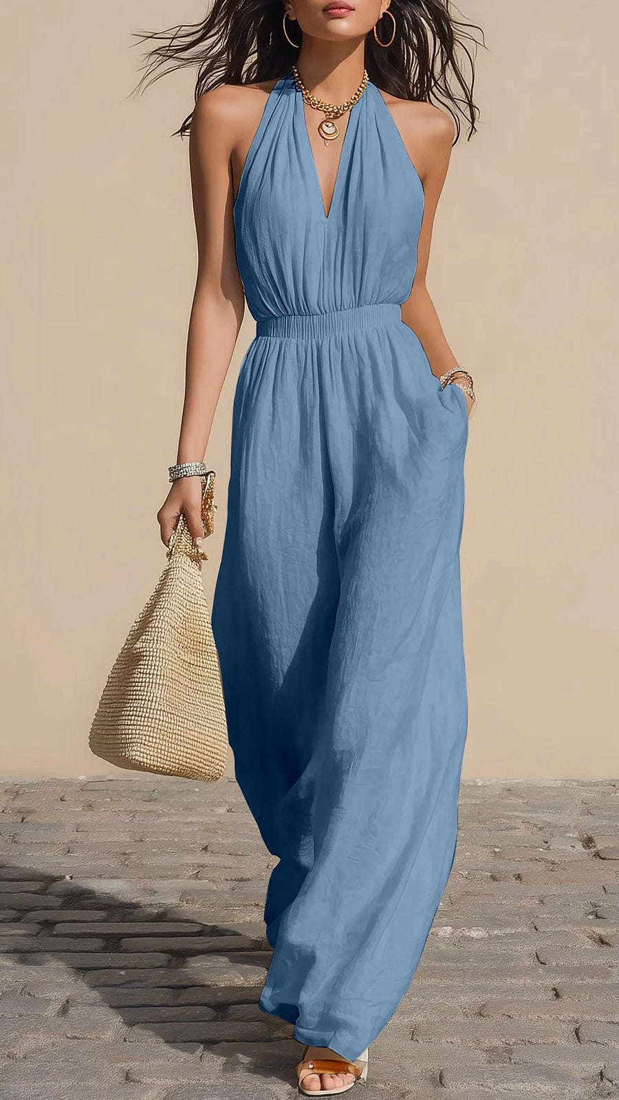 Halter-Neck V-Neck Slim-Fit Jumpsuit