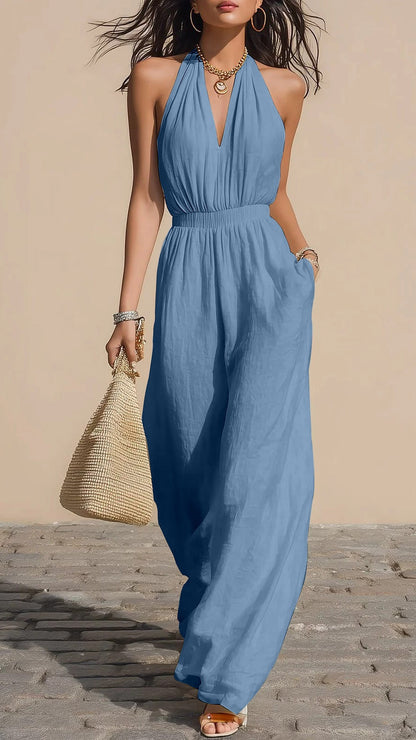 Halter-Neck V-Neck Slim-Fit Jumpsuit