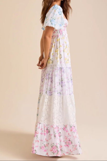Puff-sleeved printed pleated lace strapless maxi dress
