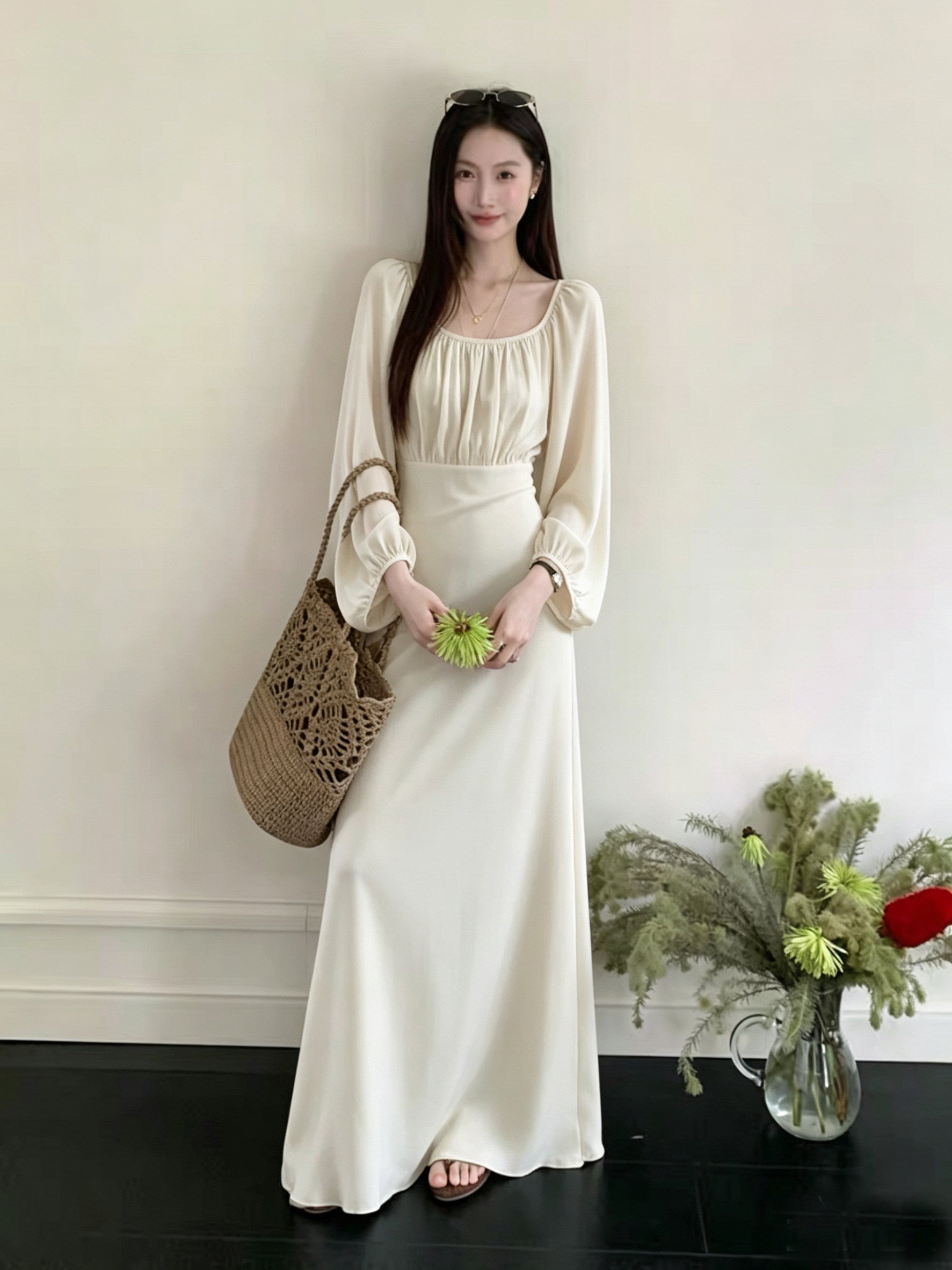 Square Neck Puff Long Sleeve High Waist Flowy Maxi Dress